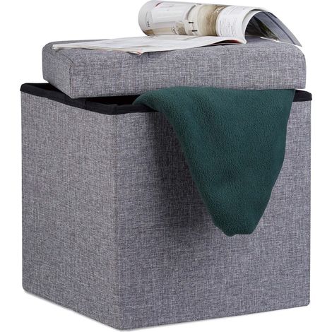 Relaxdays Faltbarer Sitzhocker, Sitzcube als Fußablage, Sitzwürfel aus Leinen, mit Deckel, HBT 38x38x38 cm, dunkelgrau (1/5)
