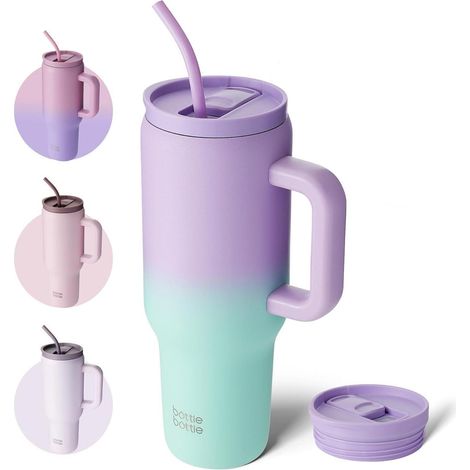 Isolierter Kaffeebecher 1,1L mit Griff & Strohhalm, BPA-frei, Lila Grün (1/5)