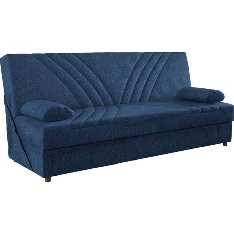 Dmora - Schlafsofa Dmalama, 3-Sitzer-Container-Schlafsofa mit 2 Kissen inklusive, Wohnzimmersofa aus gepolstertem Stoff mit Klick-Klack-Öffnung, 181x81h88 cm, blau