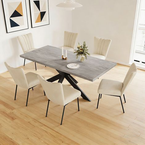 Ensemble de table à rallonges et chaises, table rectangulaire en MDF de 130 à 170 cm(6 Stühle, flanelle, beige)