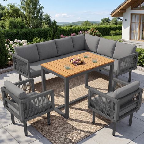Modernluxe - Salon de jardin 6 pièces en corde tressée, canapé d'angle avec table basse et coussins - gris (1/5)