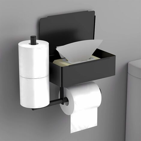 Toilettenpapierhalter Schwarz Wandmontage Toilettenpapierhalter ohne Bohren aus Edelstahl mit 2 Rollenhalter und Feuchttücherbox (1/4)