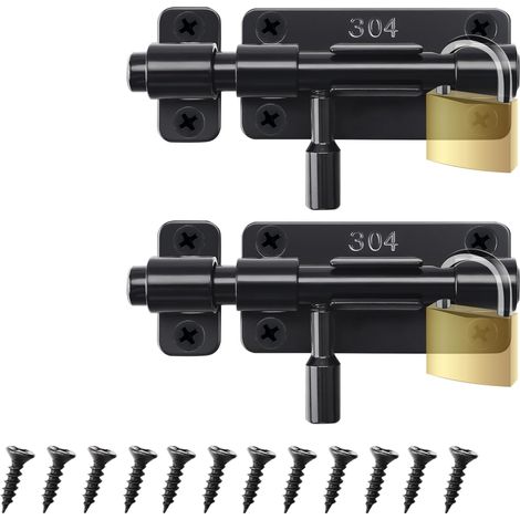 Targette de Porte - Loquet Porte - Verrou Porte 4 Pouces - Targette de Porte Extérieur 2 Pièces - Acier Inoxydable, Coulissant, Antirouille, Avec Vis - Pour Portes, Clôtures, Jardin (Noir) (1/4)