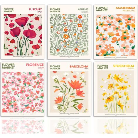 Affiche Art Mural Vintage en Toile du Marché aux Fleurs, Décoration Murale Rétro Fleur, Tableau Floral Coloré pour Salon Chambre20x25 cm Sans Cadre, Lot de 6 (1/5)