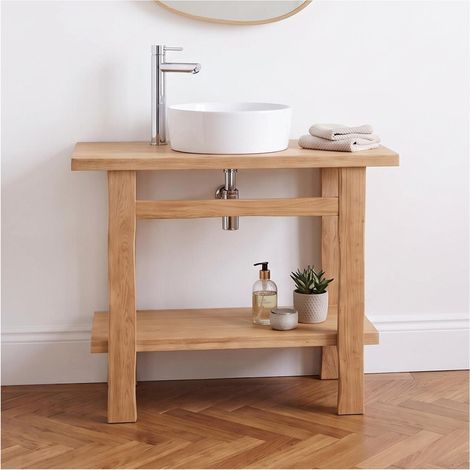Mob-In – Meuble bas de salle de bain 95cm en chêne massif – Design aérien sans portes – Étagère inférieure spacieuse – Plateau brut pour vasque à poser