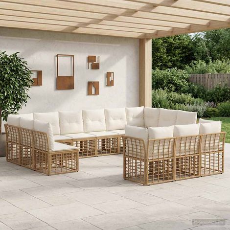 Salon de jardin d’angle modulable en poly rotin blanc naturel et crème, capacité 13 places - PANGIVO (1/5)