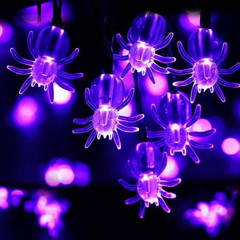 m lange Halloween-Lichterkette mit 20 LED-Lichtern in Spinnenform, dekorativ und wasserdicht, batteriebetrieben, lila Farbe. (1/5)