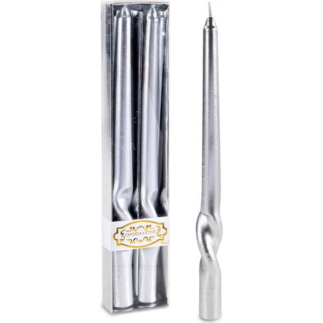 Candele argento metallizzato a stelo torchon in scatola da due pezzi, set da 8 pezzi, Ø 2,2 cm x 30 H