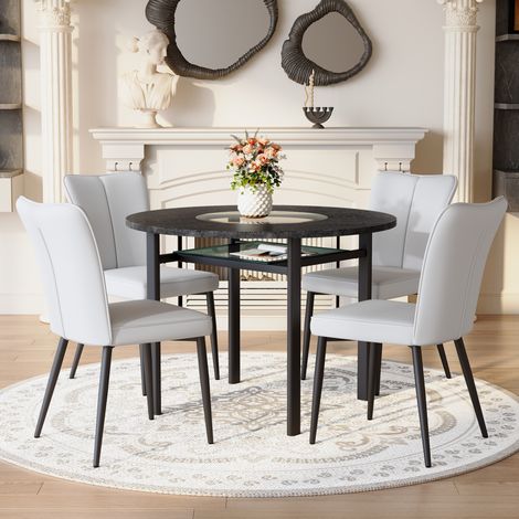 Set tavolo rotondo moderno 100 cm con 4 sedie in PU grigio chiaro e gambe nere (1/5)