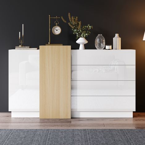 Buffet blanc très brillant,meuble de salle à manger moderne avec rangement,meuble de rangement moderne minimaliste en tons de bois