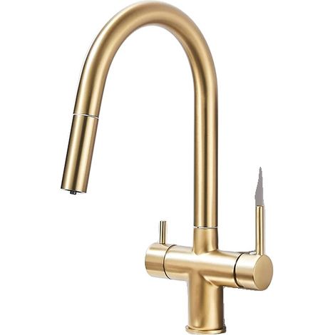 Grifo de cocina, doble manija, giratorio 360 grados, acabado en oro cepillado. (1/2)