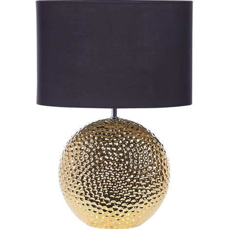 Lámpara de mesa de cerámica negro dorado base pantalla tambor poliéster Nasva