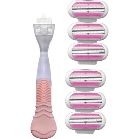 Rasoir 3 lames pour aisselles femme – Rasage intime doux, économique (1 manche rose vintage + 6 têtes de rechange) – Pour peau sensible et usage quotidien (1/4)