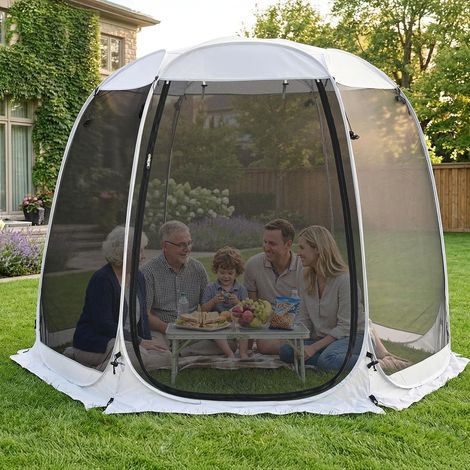 Abri de Jardin pour patios - pour 4 à 6 Personnes - Auvent - Pergolas - Moustiquaire de Camping - Tente de Salle à Manger - Abri Pop-up - Murs en Maille - Non étanche - Gris - 3 x 3 m (1/5)