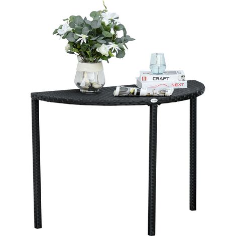 Table d'appoint semi-circulaire pour balcon ou jardin, en polyrotin et métal noir, 100 x 50 x 74 cm, idéale pour terrasse et balcon.