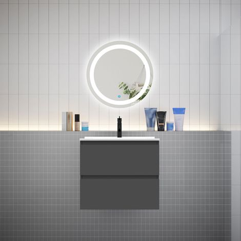 Ensemble L.60cm meuble vasque 2 tiroirs + lavabo + LED miroir rond 60cm,anthracite (1/5)
