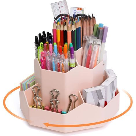 Rotating Pencil Holder, Rotating Desk Organizer, 360 Degree Rotation Desk Organizer Pen Holder, Desktop Pen Holder with 9 Compartments, Pink (1/5)