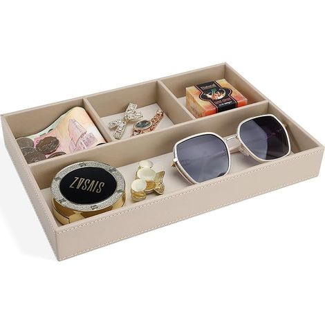 Plateau Vide Poche en Cuir, Organisateur de Tiroir Chevet et Bureau à 4 Compartiments, Boîte de Rangement Clés, Portefeuille, Téléphone, Montres, Bijoux, Argent, Boutons de Manchette(Beige) (1/5)