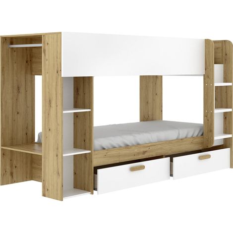 Letto a castello 2 x 90 x 200 cm con vani portaoggetti e bastone appendiabiti Bianco e Naturale  - OZANA (1/4)