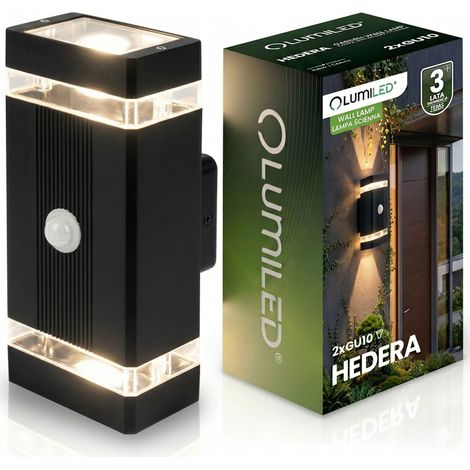 Lámpara de jardín, aplique de pared, para fachada, superior e inferior, 2 bombillas GU10, negra, con sensor de movimiento y luz crepuscular, IP54, HEDERA LUMILED (1/5)