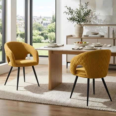 Lot de 2 chaises de salle à manger rembourrées en velours côtelé avec accoudoirs, pieds en métal, jaune (1/5)