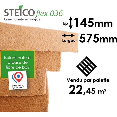 Steico – Panneau d'isolation en laine de bois 145mm – Conductivité thermique 0,036 W/mK – Flexibilité pour recoins difficiles – Palette entière 22,45m² (1/4)