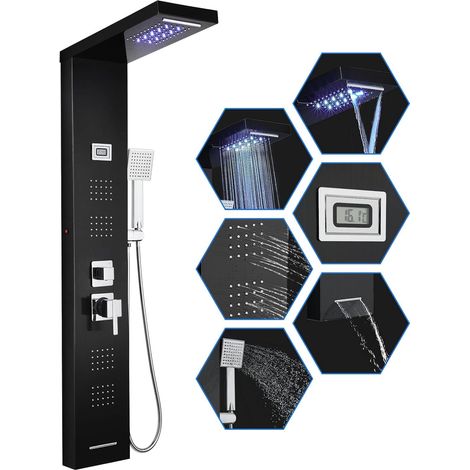 Panneau Colonne de Douche Hydromassante Noir 7 Fonctions - Lumières LED, Affichage de la Température, Pluie, Cascade, Jets de Massage, ABS Douchette, Bec de Baignoire, Acier Inox Montage Mural (1/5)