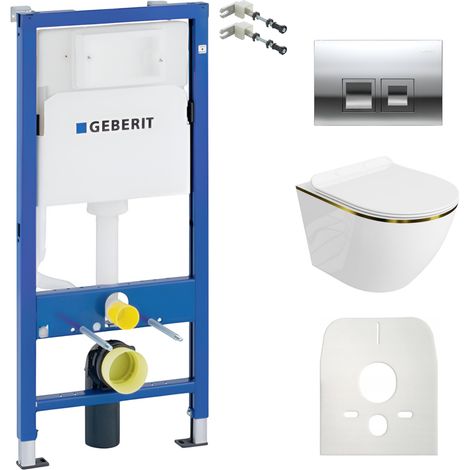 Duofix Basic Vorwandelement + Wand Tiefspül WC Sofi Slim Gold Line Spülrandlos + Bedienplatte Delta 25 Verchromter Knopf Komplettset Unterputz Spülkasten Toilette Komplett Sett