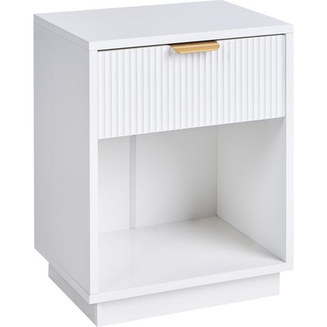 Mesa de noche de MDF 1 cajón con frente acanalado asa dorada 1 estante blanco Summerville