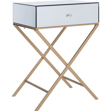 Mesa auxiliar con tablero espejado plateado patas de metal dorado 50 x 40 cm estilo glamour moderno con 1 cajón Vivy