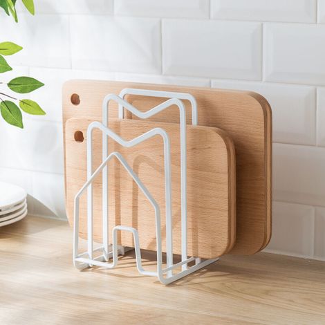 Soporte de acero inoxidable para tablas de cortar de cocina: estante de pared para tablas de cortar, tapas de ollas y sartenes, diseño compacto y moderno.