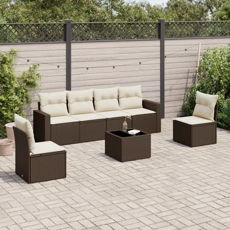Salon de jardin 7 pièces en résine tressée marron avec coffres de rangement et coussins, 58.4kg - PANGIVO (1/3)