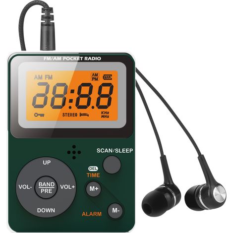 Mini rádio AM/FM, pequeno rádio digital portátil pessoal com fones de ouvido estéreo, botão de bloqueio e temporizador. (1/5)