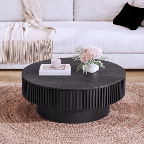 DESMIU Table basse ronde avec rangement, 1 espace ouvert, pour salon, en bois massif et MDF, noir, 82 × 25 × 82 cm (1/5)