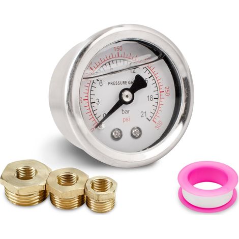 1pcs 40mm pressure gauge BSP 1/8" 0-21 BAR 0300 psi with three pieces sleeve at 1/4", 3/8" and 1/2" and polytetrafluoroethylene tape, axial (1/5)
