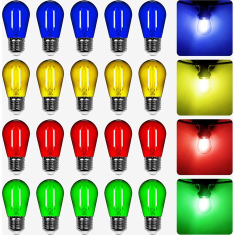 Lot de 20 Ampoules Led filament Dimmable Multicolores conçues pour Guirlande Guinguette IP65 2W - Ampoule Led E27 Multicolores - Ampoule 5cm pour Guirlande Guinguette Culot E27 Multicolores (1/5)