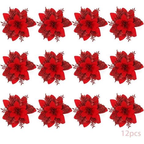 12pcs Fleur de Simulation de Nol,Fleur de Nol Poinsettia, Fleur de Noel,Decoration Noel Sapin,Fleurs de Nol Artificielles (Rouge) (1/5)