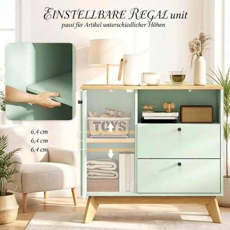 Buffet de salon, meuble de rangement avec porte, 2 tiroirs, compartiment ouvert et étagère réglable (1/4)