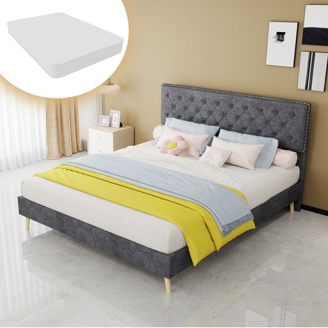 Letto matrimoniale 200x160x156 cm, testiera alta, spazio contenitore, tessuto e metallo grigio (1/5)