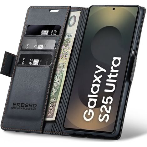 Funda para Samsung Galaxy S25 Ultra, color lichi brillante, tipo cartera, color negro. (1/5)