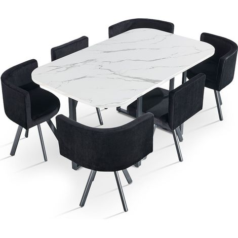 Table rectangulaire 150cm avec 6 chaises gain de place Oslo XL Effet marbre blanc et Velours Noir