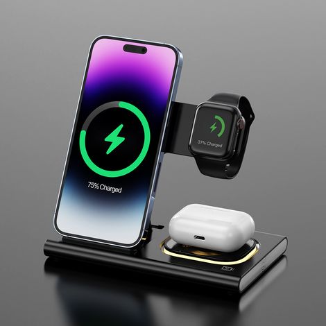 Station de Charge sans Fil Pliable 3 en 1 pour - Chargeur inductif Compatible avec iPhone 16/16 Pro Max/15/14/13/12/11,Apple Watch 10/Ultra 2/9/8/7/6/SE,Air Pods Pro/4/3/2 (1/5)