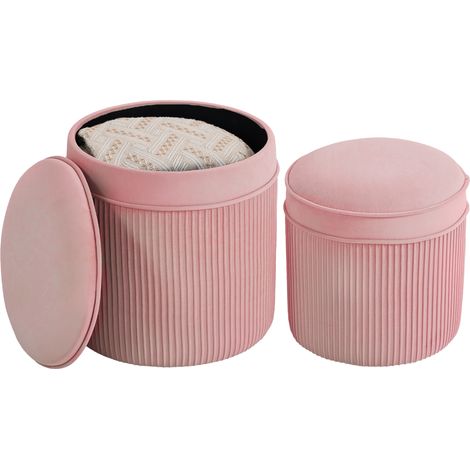 Set 2 Pouf Poggiapiedi Rotondi Impilabili e Imbottiti con Rivestimento in Velluto, Contenitore da 34.8L, Rosa