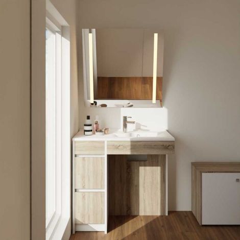 Meuble salle de bain PMR ANDY PLUS 90 cm bois et blanc + miroir Motory- Vasque à droite (1/5)