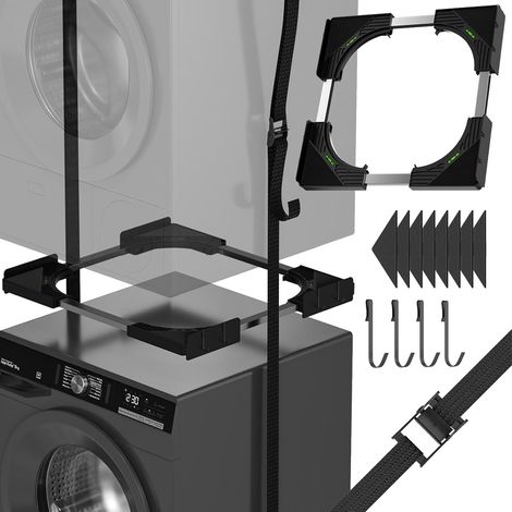 Slimline Kit d'empilage pour lave-linge et sèche-linge, cadre universel ultra fin pour appareils de 45 à 68 cm, design peu encombrant avec sangle à cliquet et 4 crochets multifonctions (noir) (1/5)