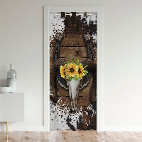 Rideau de porte avec crâne de bœuf western - 1 panneau - Blanc et marron - Impression fourrure de vache - Pour armoire, chambre à coucher, cuisine - 203 x 106 cm (H x l) (1/3)