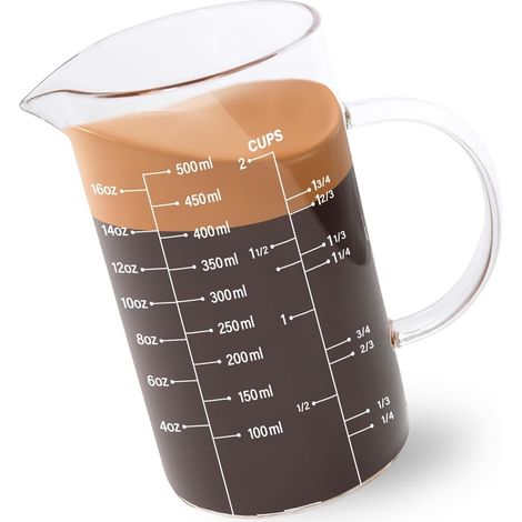 Verre doseur cuisine et verre mesureur cuisine, verre doseur en verre avec poignée, bec V, 3 échelles (OZ, tasse, ml/cc), 500ml (1/5)
