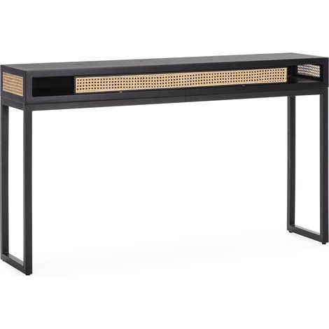 Console 142x30x84 Bois noir/Rotin naturel/Métal noir (1/4)