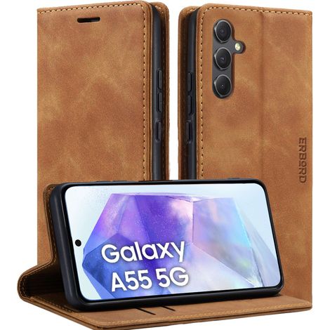 Funda para Samsung Galaxy A55, funda tipo cartera Erbord Vintage, marrón + protector de pantalla de cristal (1/4)