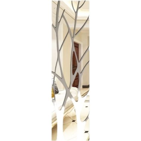 Adesivo murale 3D a forma di albero in acrilico argentato a specchio, rimovibile, ideale per soggiorno o camera da letto, disponibile in varie dimensioni.